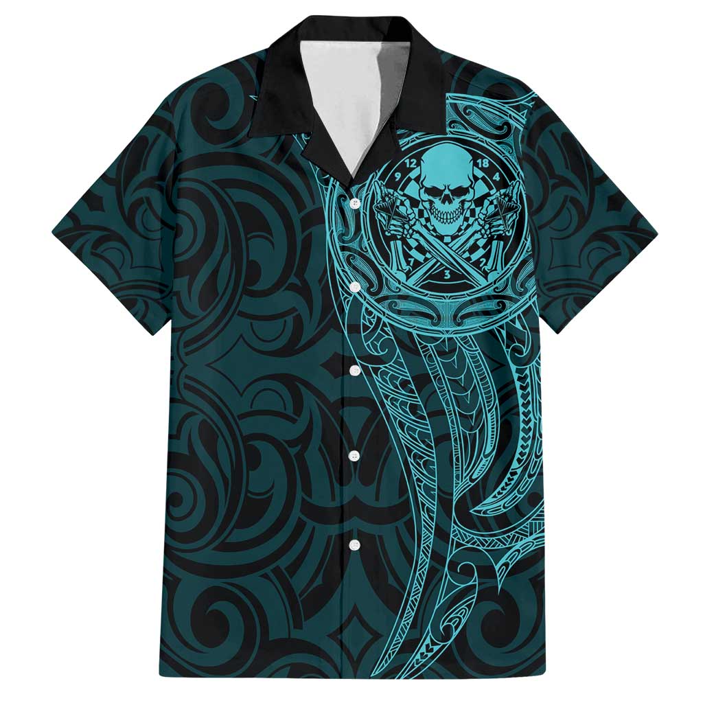 New Zealand Skull Darts Family Matching Summer Maxi Dress and Hawaiian Shirt Aotearoa Maori Chest Tattoo Stylized Teal - Polynesian Pride