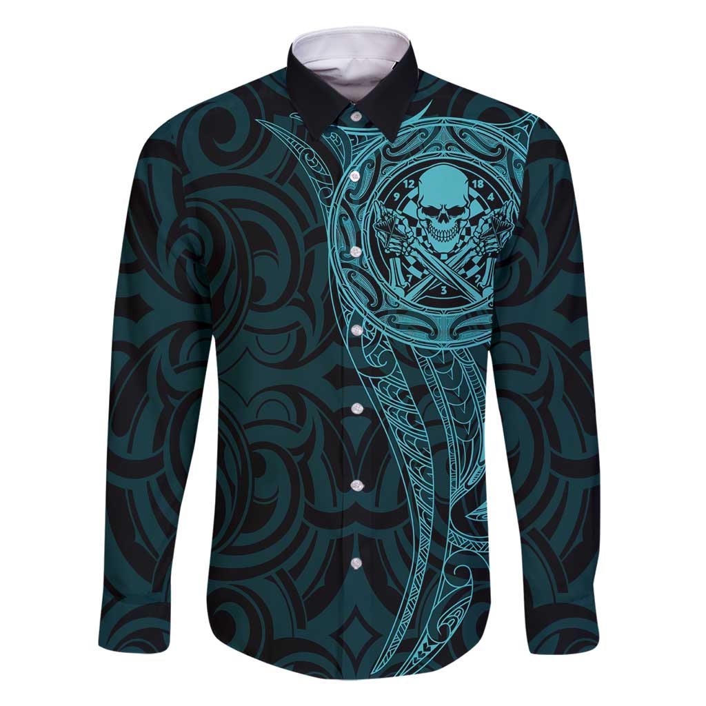 New Zealand Skull Darts Family Matching Tank Maxi Dress and Hawaiian Shirt Aotearoa Maori Chest Tattoo Stylized Teal - Polynesian Pride