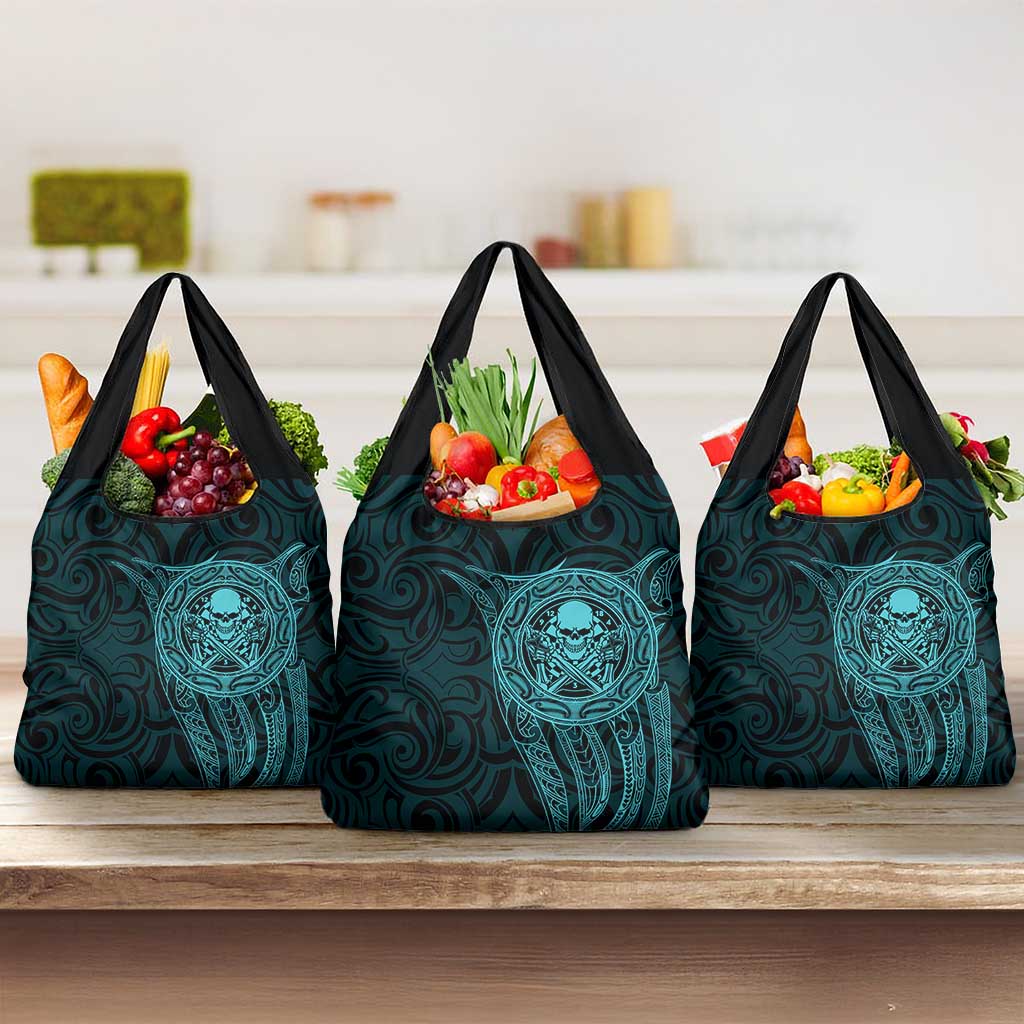 New Zealand Skull Darts Grocery Bag Aotearoa Maori Chest Tattoo Stylized Teal - Polynesian Pride