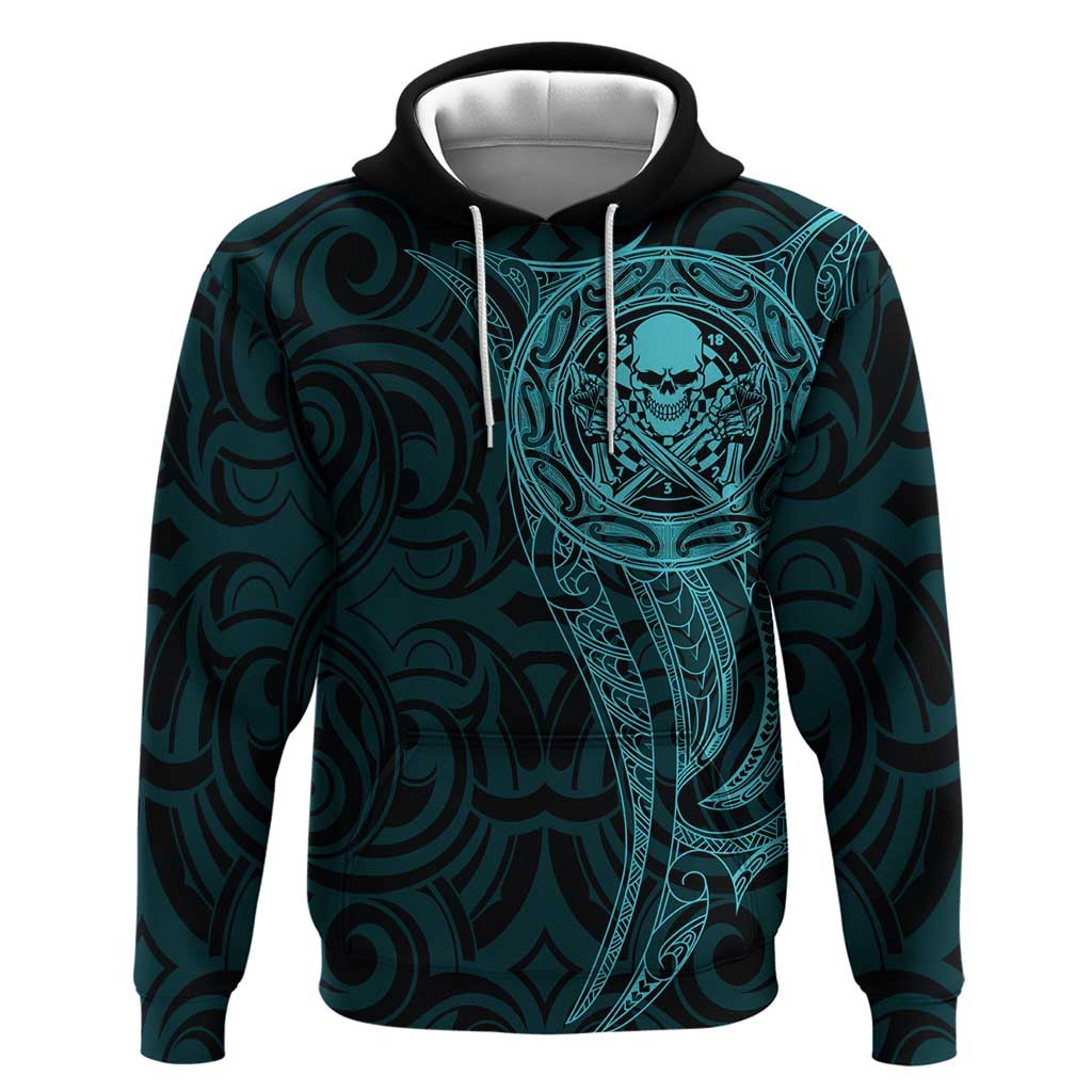 New Zealand Skull Darts Hoodie Aotearoa Maori Chest Tattoo Stylized Teal - Polynesian Pride