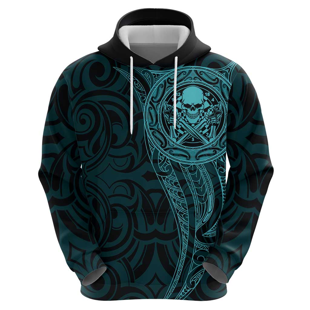 New Zealand Skull Darts Hoodie Aotearoa Maori Chest Tattoo Stylized Teal - Polynesian Pride