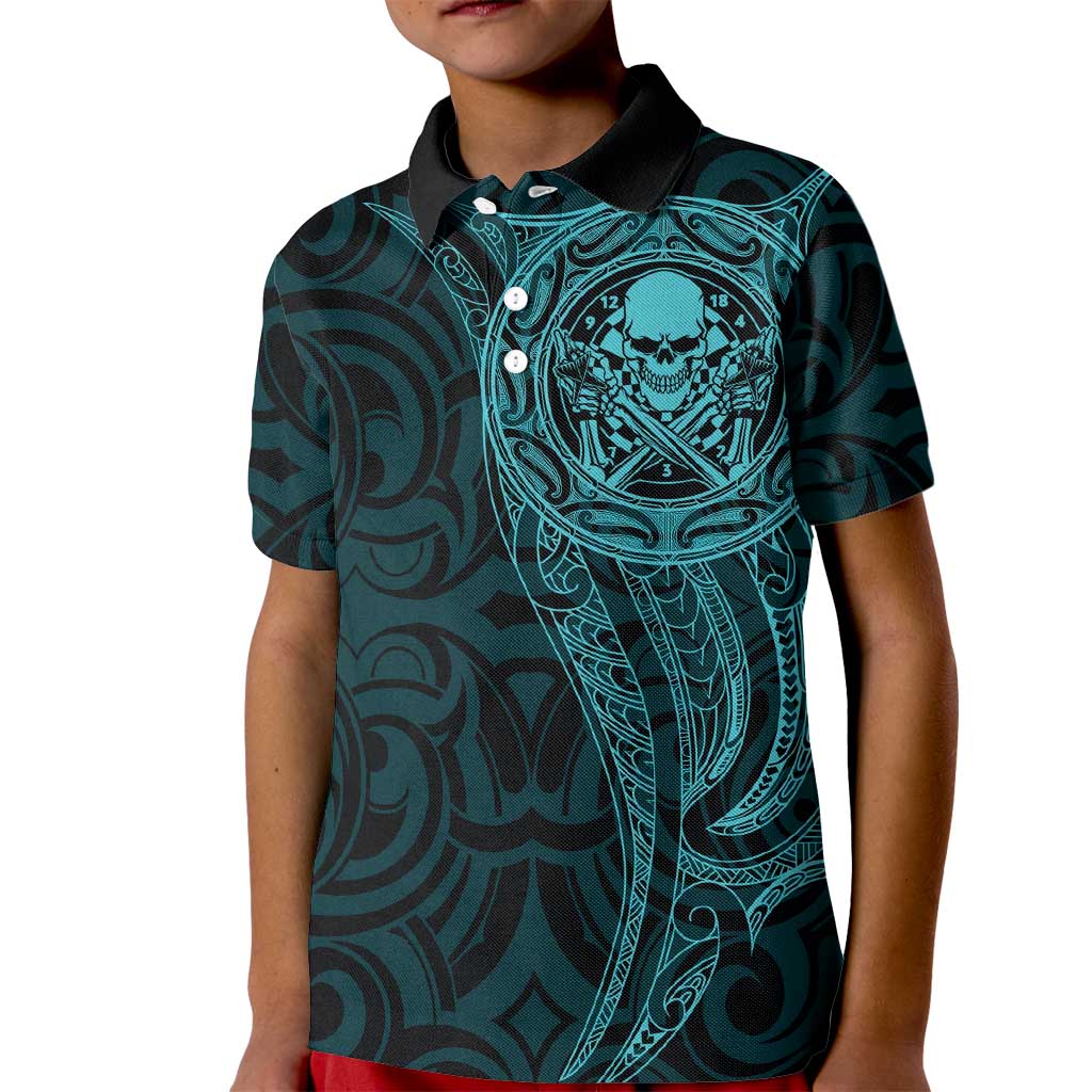 New Zealand Skull Darts Kid Polo Shirt Aotearoa Maori Chest Tattoo Stylized Teal - Polynesian Pride