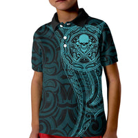 New Zealand Skull Darts Kid Polo Shirt Aotearoa Maori Chest Tattoo Stylized Teal - Polynesian Pride