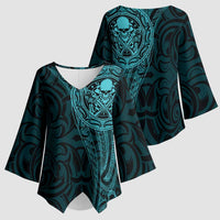 New Zealand Skull Darts Kimono Sleeve Blouse Aotearoa Maori Chest Tattoo Stylized Teal - Polynesian Pride
