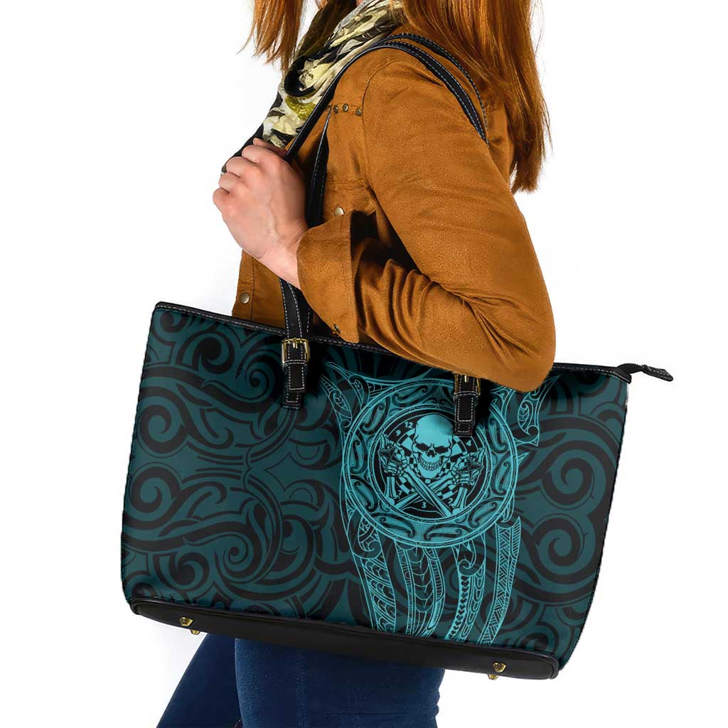 New Zealand Skull Darts Leather Tote Bag Aotearoa Maori Chest Tattoo Stylized Teal - Polynesian Pride