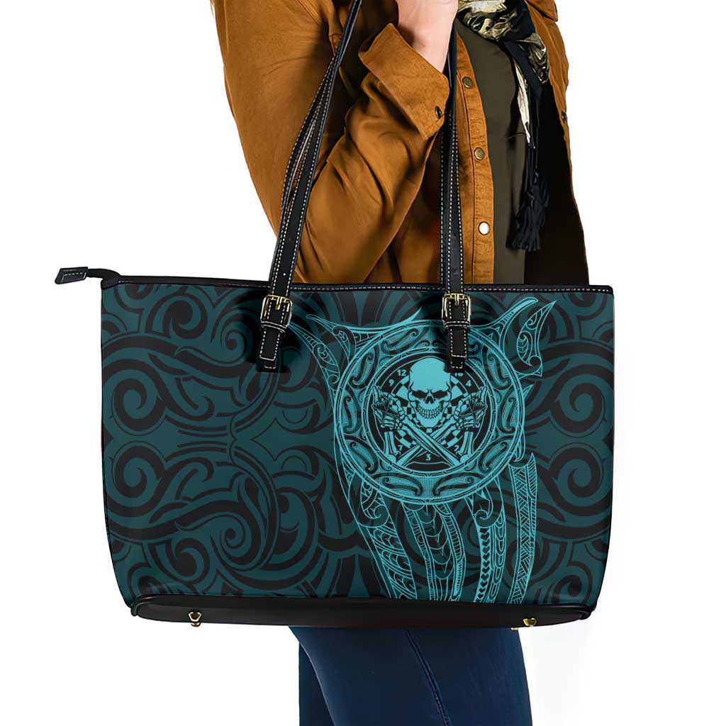 New Zealand Skull Darts Leather Tote Bag Aotearoa Maori Chest Tattoo Stylized Teal - Polynesian Pride