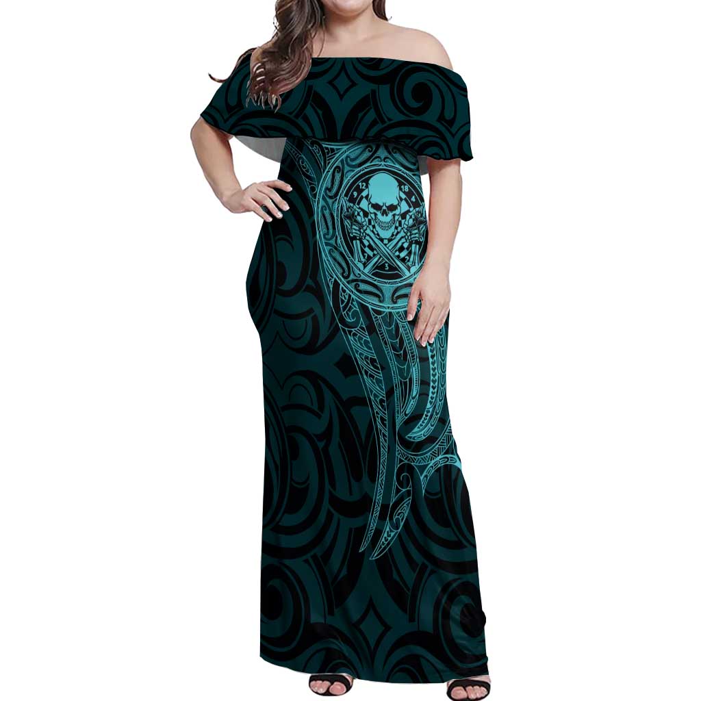 New Zealand Skull Darts Off Shoulder Maxi Dress Aotearoa Maori Chest Tattoo Stylized Teal - Polynesian Pride