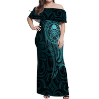 New Zealand Skull Darts Off Shoulder Maxi Dress Aotearoa Maori Chest Tattoo Stylized Teal - Polynesian Pride