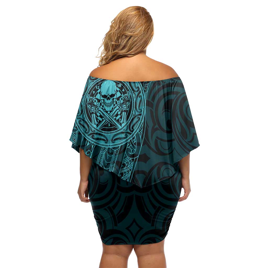 New Zealand Skull Darts Off Shoulder Short Dress Aotearoa Maori Chest Tattoo Stylized Teal - Polynesian Pride