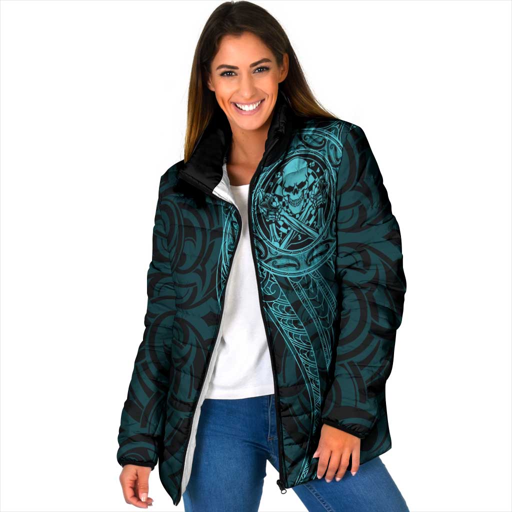 New Zealand Skull Darts Padded Jacket Aotearoa Maori Chest Tattoo Stylized Teal - Polynesian Pride