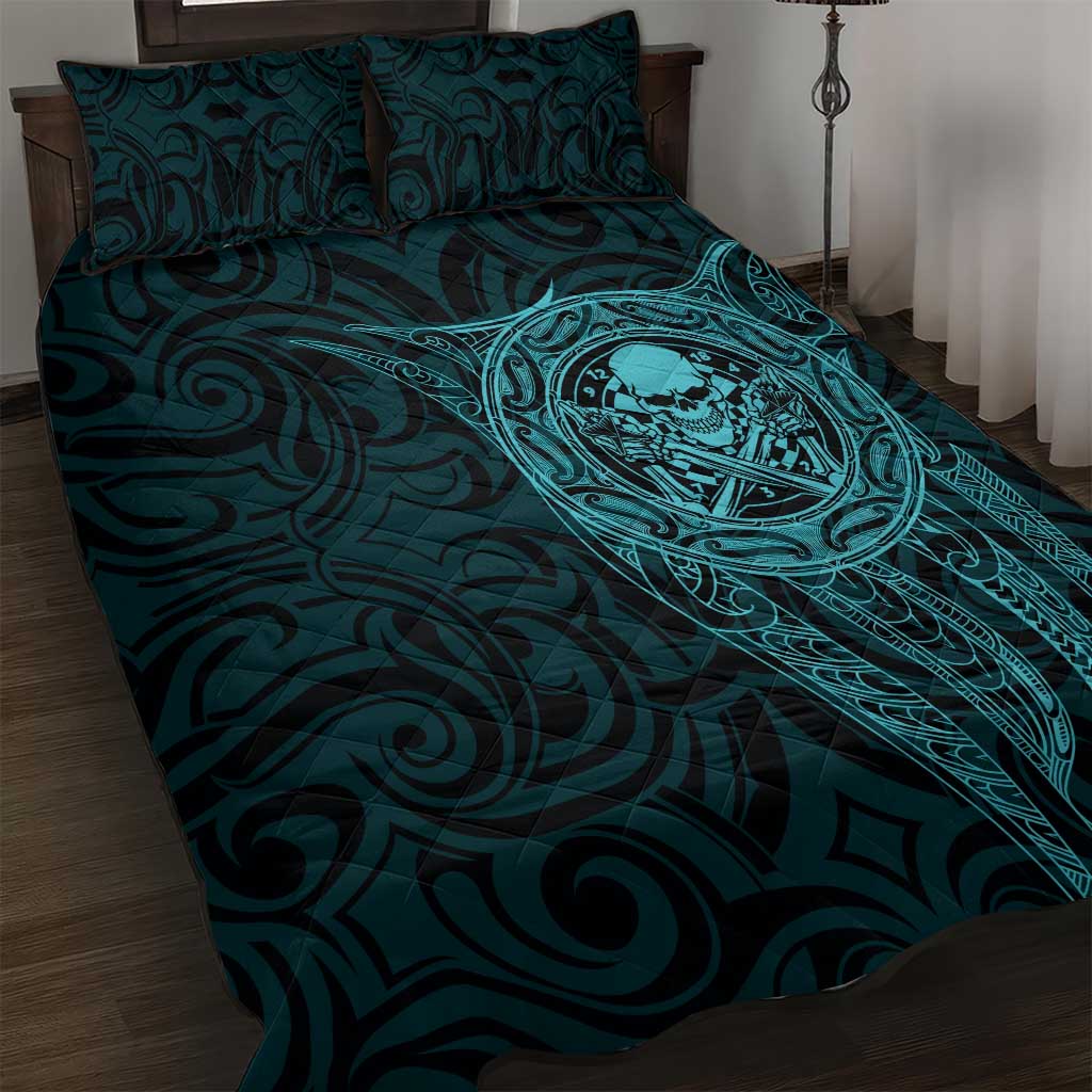 New Zealand Skull Darts Quilt Bed Set Aotearoa Maori Chest Tattoo Stylized Teal - Polynesian Pride