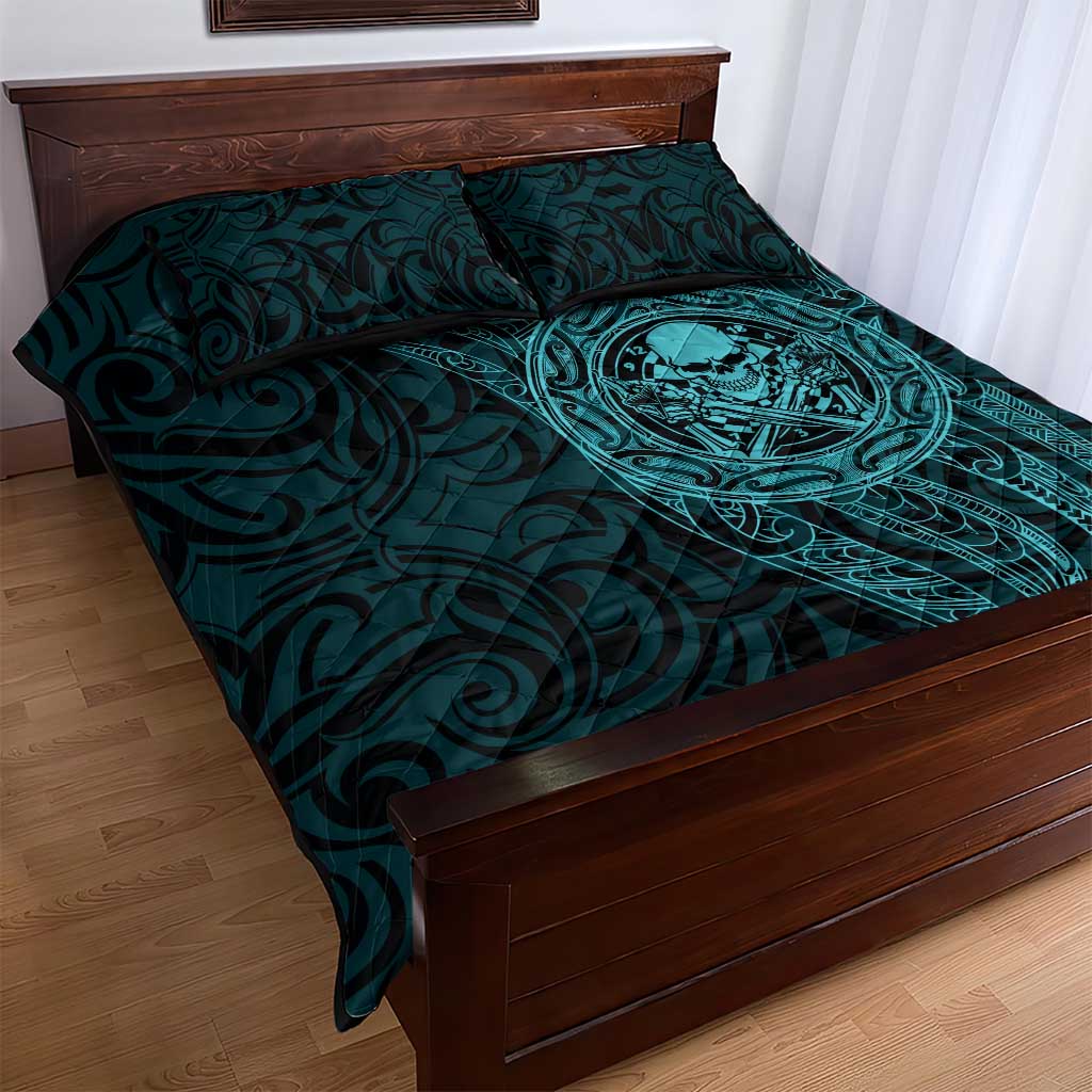 New Zealand Skull Darts Quilt Bed Set Aotearoa Maori Chest Tattoo Stylized Teal - Polynesian Pride