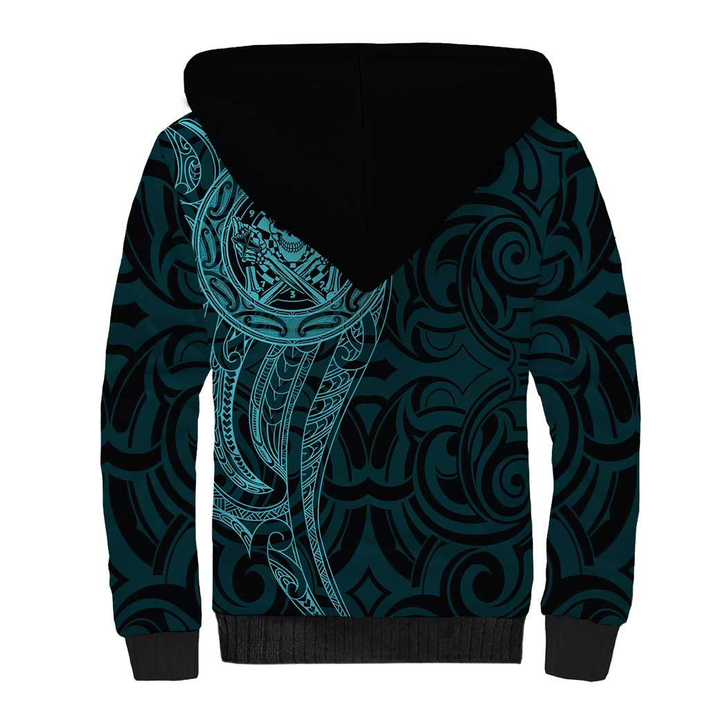 New Zealand Skull Darts Sherpa Hoodie Aotearoa Maori Chest Tattoo Stylized Teal - Polynesian Pride
