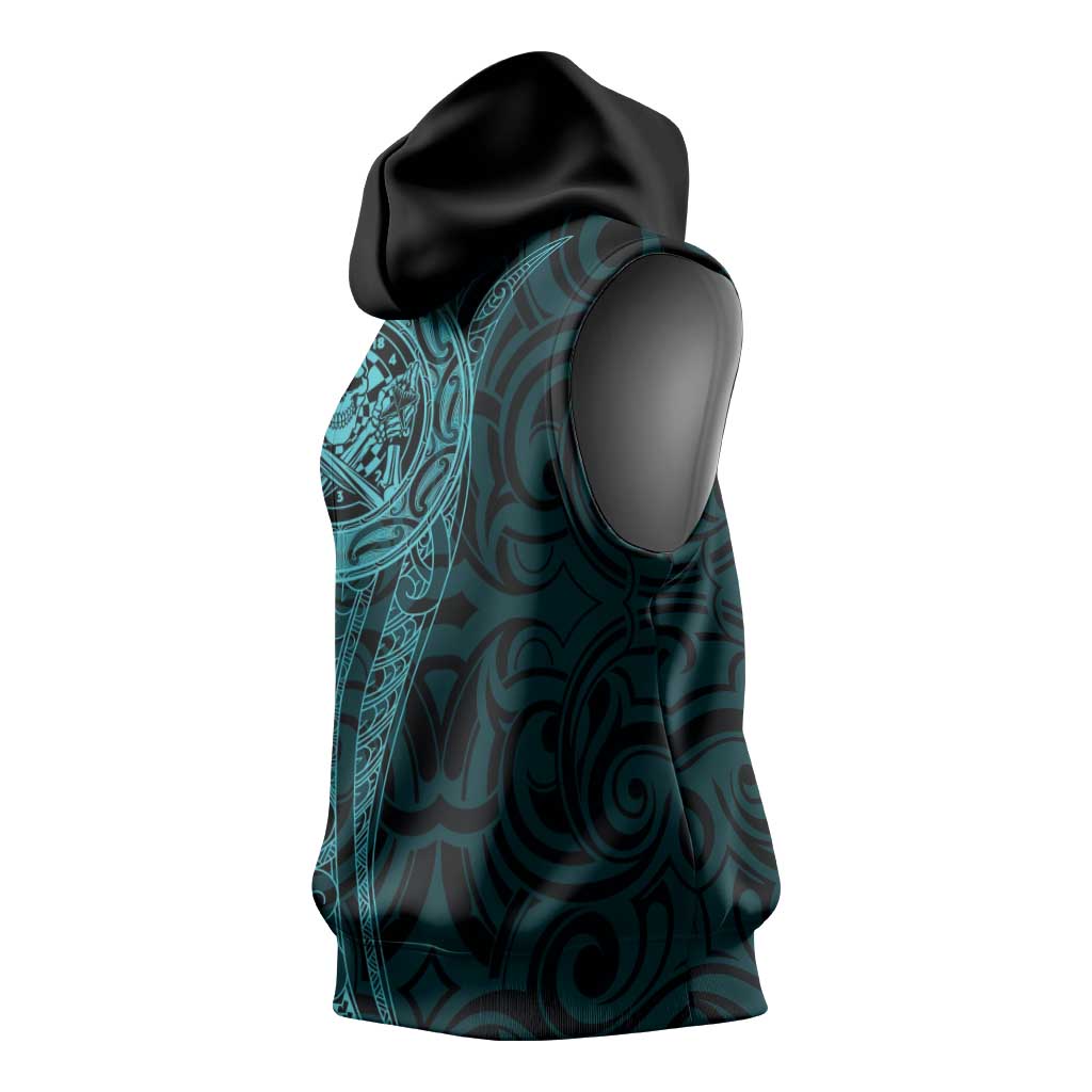 New Zealand Skull Darts Sleeveless Hoodie Aotearoa Maori Chest Tattoo Stylized Teal - Polynesian Pride