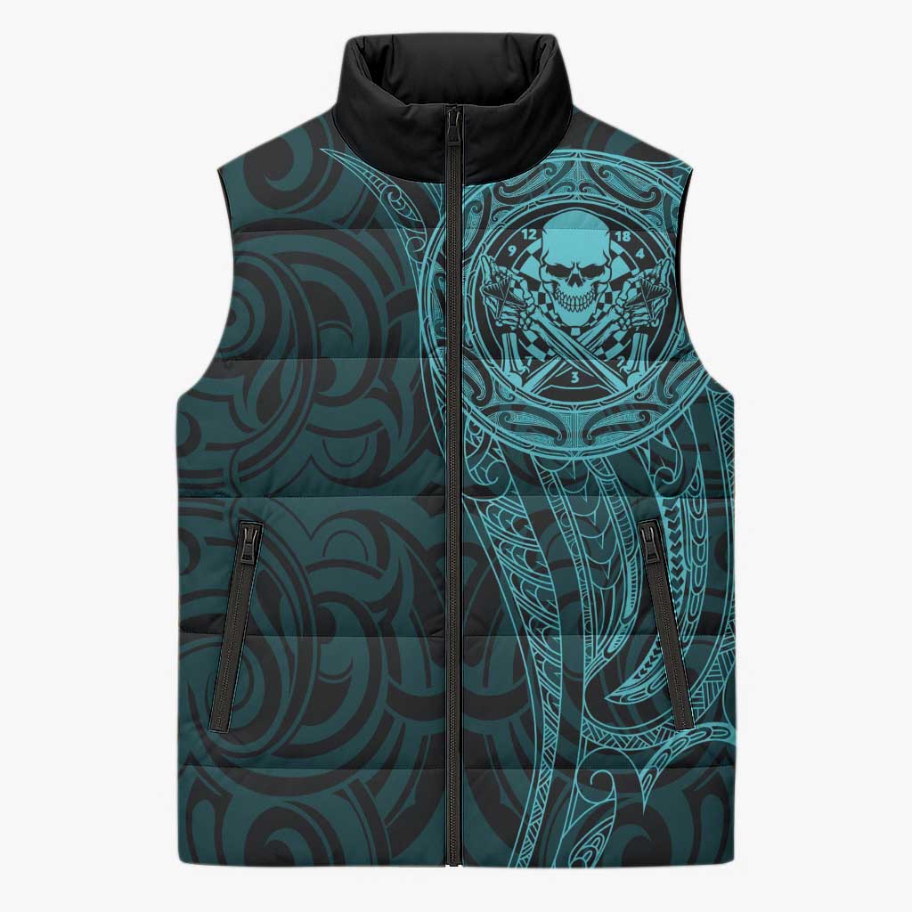 New Zealand Skull Darts Sleeveless Puffer Jacket Aotearoa Maori Chest Tattoo Stylized Teal - Polynesian Pride