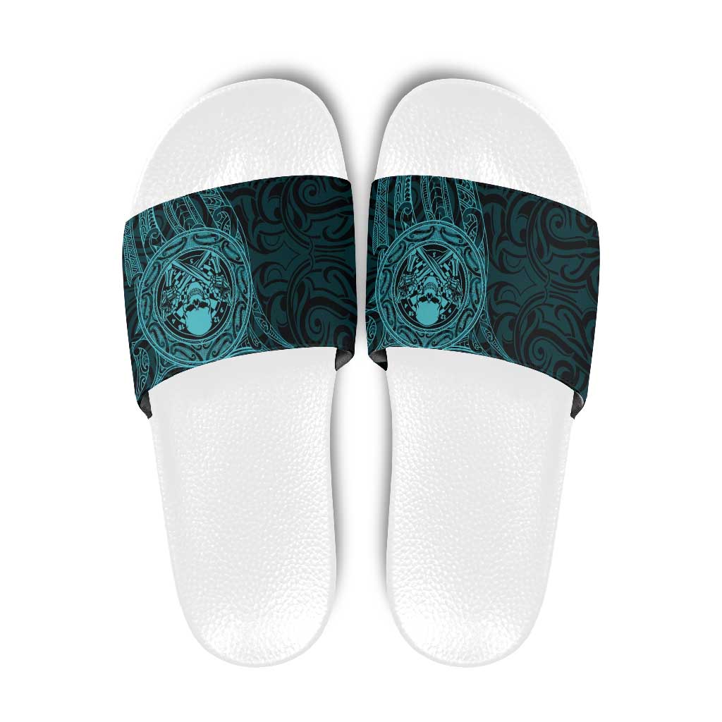 New Zealand Skull Darts Slide Sandals Aotearoa Maori Chest Tattoo Stylized Teal - Polynesian Pride