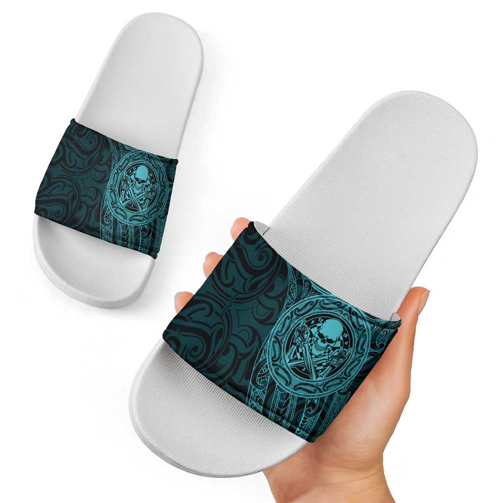 New Zealand Skull Darts Slide Sandals Aotearoa Maori Chest Tattoo Stylized Teal - Polynesian Pride