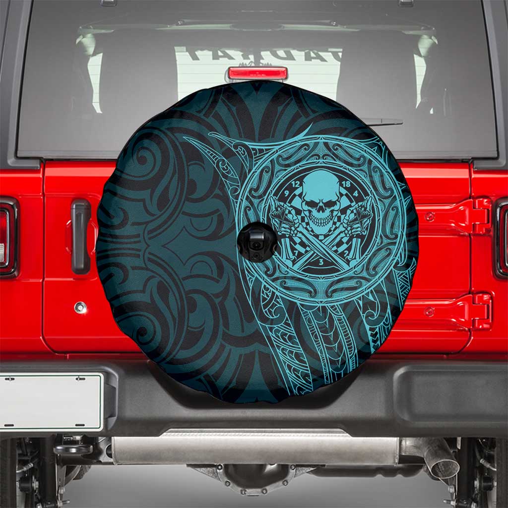 New Zealand Skull Darts Spare Tire Cover Aotearoa Maori Chest Tattoo Stylized Teal - Polynesian Pride