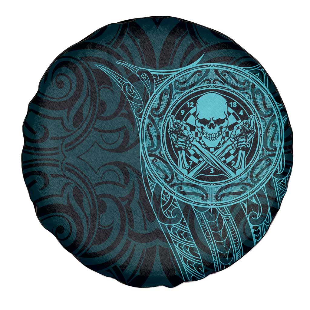 New Zealand Skull Darts Spare Tire Cover Aotearoa Maori Chest Tattoo Stylized Teal - Polynesian Pride