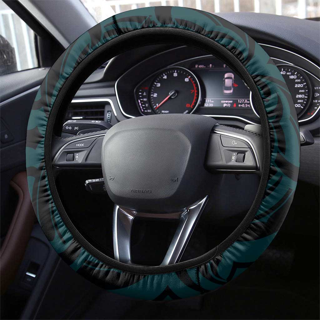 New Zealand Skull Darts Steering Wheel Cover Aotearoa Maori Chest Tattoo Stylized Teal - Polynesian Pride
