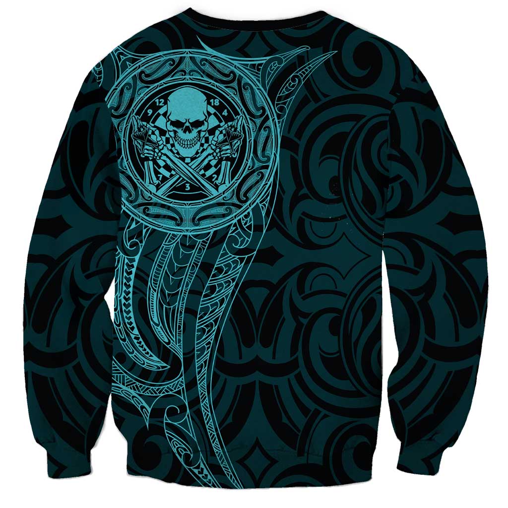 New Zealand Skull Darts Sweatshirt Aotearoa Maori Chest Tattoo Stylized Teal - Polynesian Pride