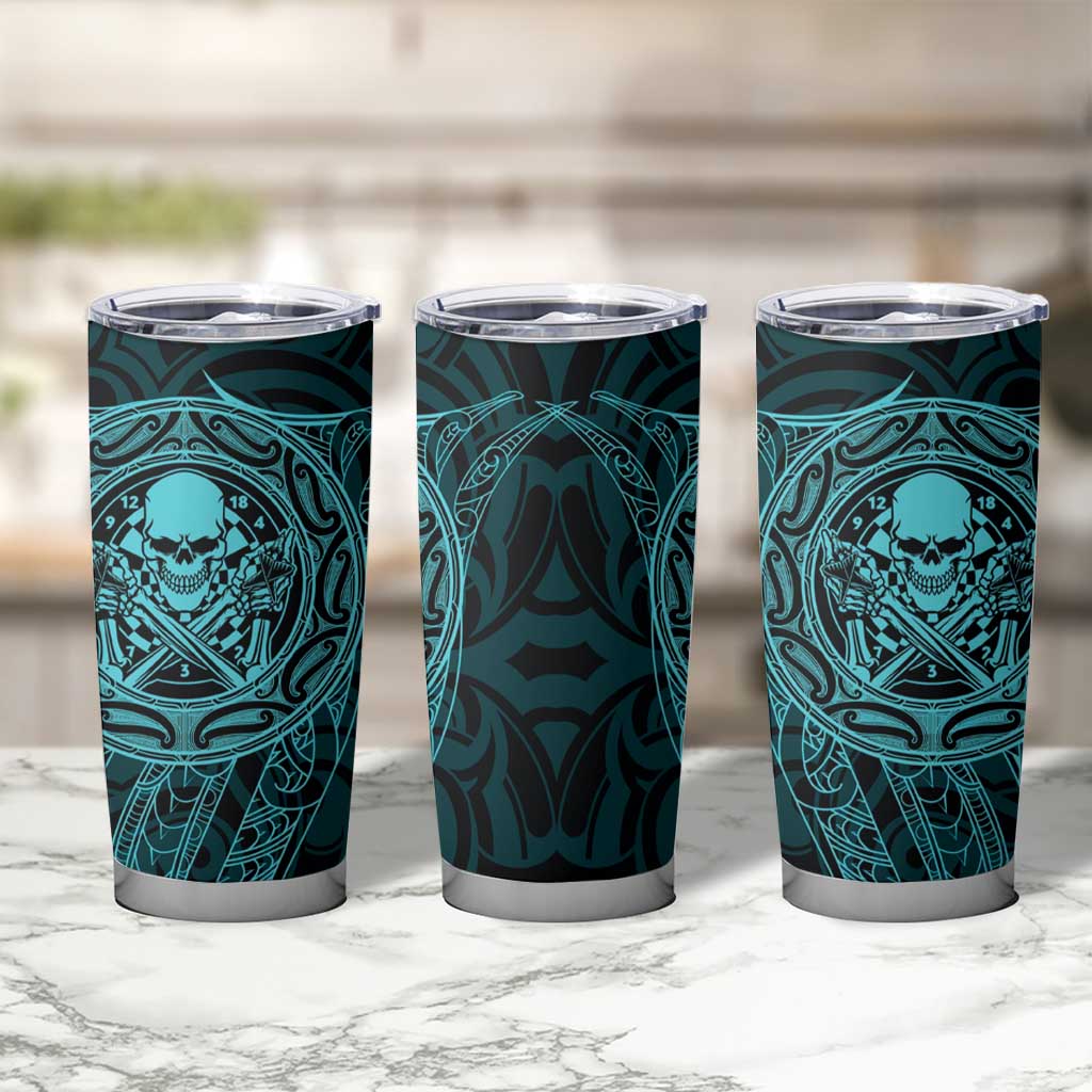 New Zealand Skull Darts Tumbler Cup Aotearoa Maori Chest Tattoo Stylized Teal - Polynesian Pride