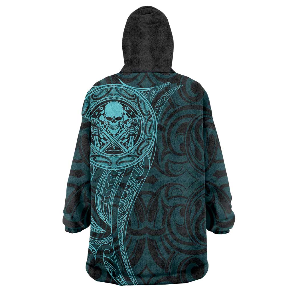 New Zealand Skull Darts Wearable Blanket Hoodie Aotearoa Maori Chest Tattoo Stylized Teal - Polynesian Pride