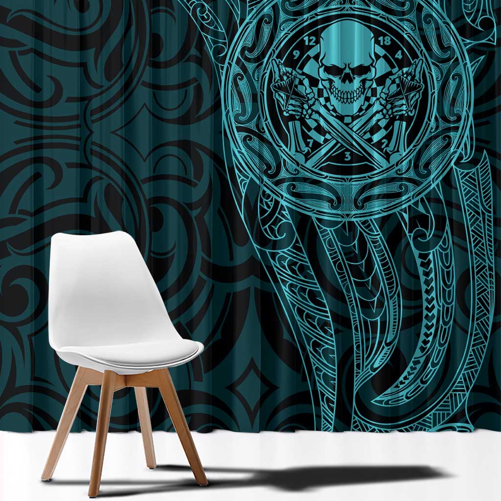New Zealand Skull Darts Window Curtain Aotearoa Maori Chest Tattoo Stylized Teal - Polynesian Pride