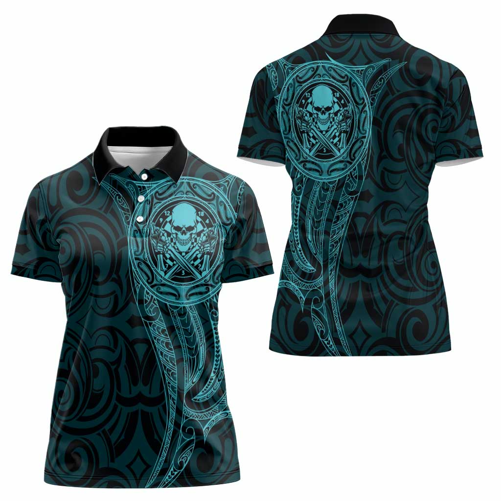 New Zealand Skull Darts Women Polo Shirt Aotearoa Maori Chest Tattoo Stylized Teal - Polynesian Pride
