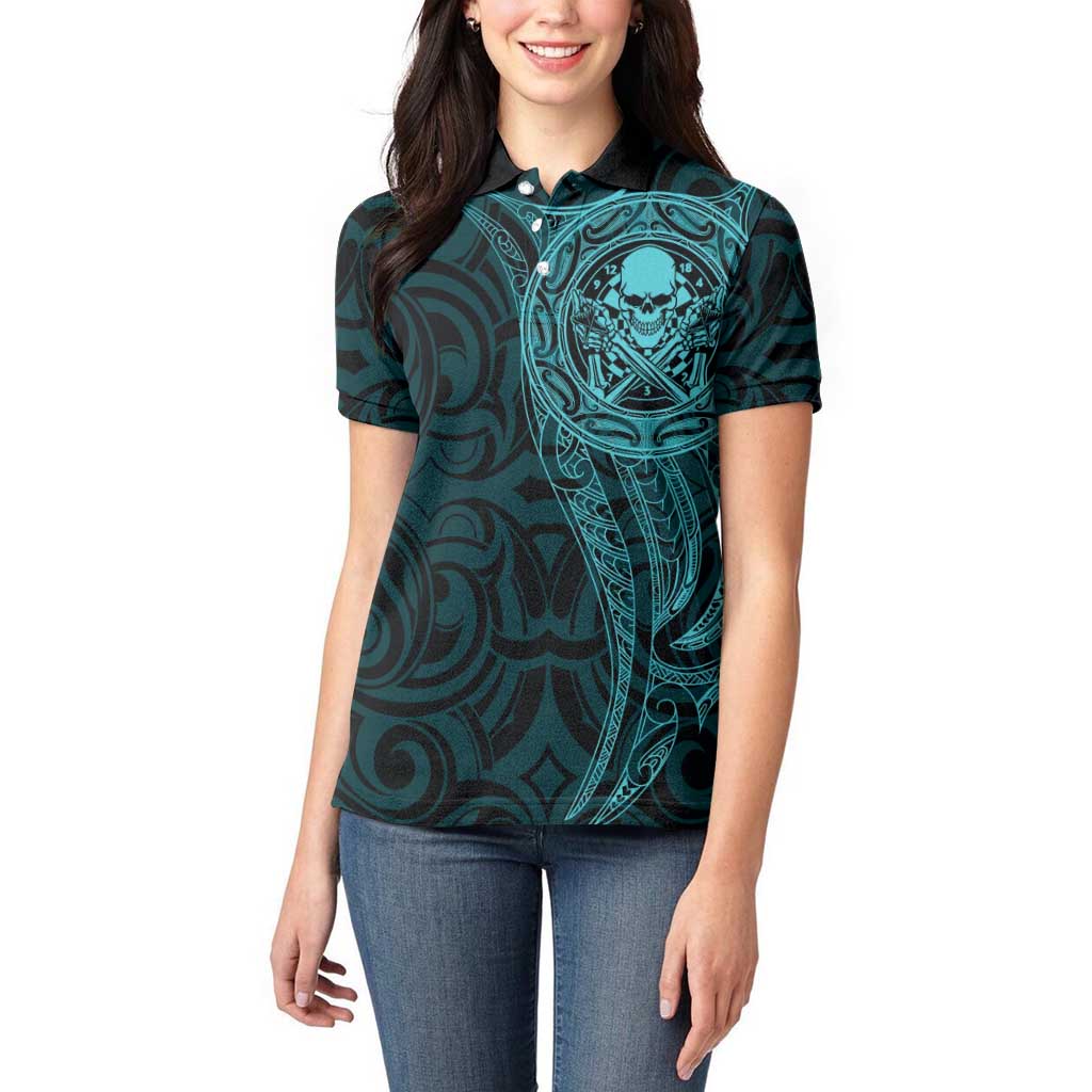 New Zealand Skull Darts Women Polo Shirt Aotearoa Maori Chest Tattoo Stylized Teal - Polynesian Pride