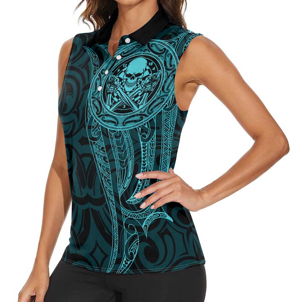 New Zealand Skull Darts Women Sleeveless Polo Shirt Aotearoa Maori Chest Tattoo Stylized Teal - Polynesian Pride