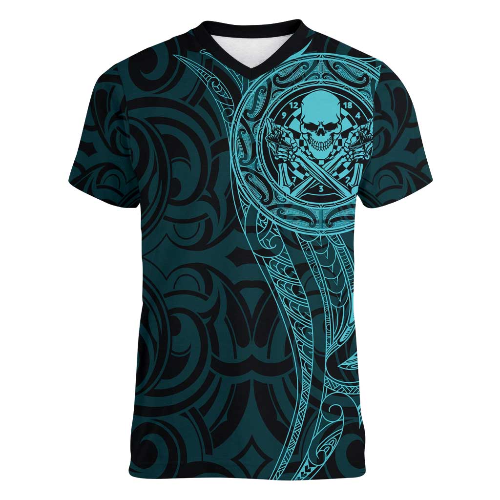 New Zealand Skull Darts Women V-Neck T-Shirt Aotearoa Maori Chest Tattoo Stylized Teal - Polynesian Pride