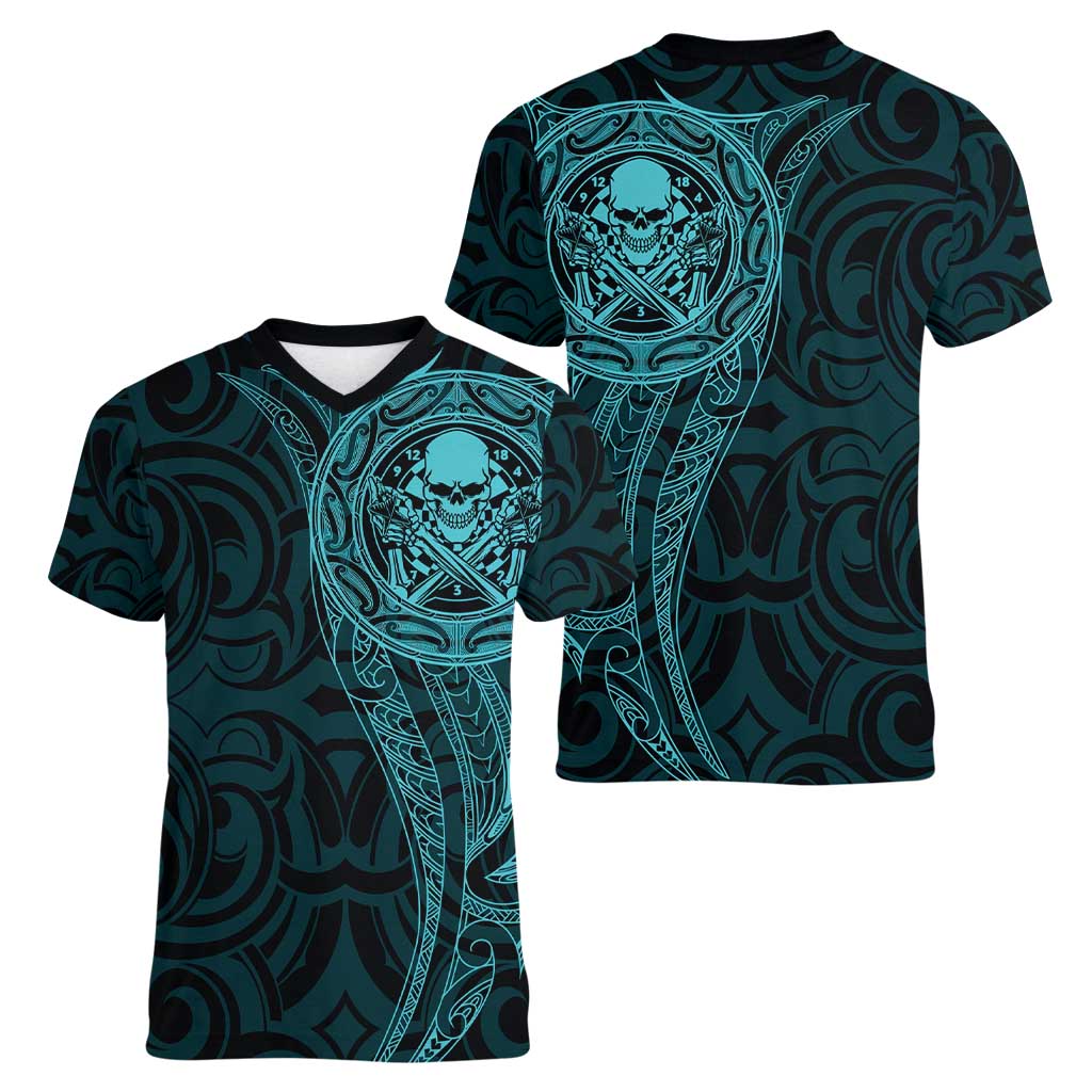 New Zealand Skull Darts Women V-Neck T-Shirt Aotearoa Maori Chest Tattoo Stylized Teal - Polynesian Pride