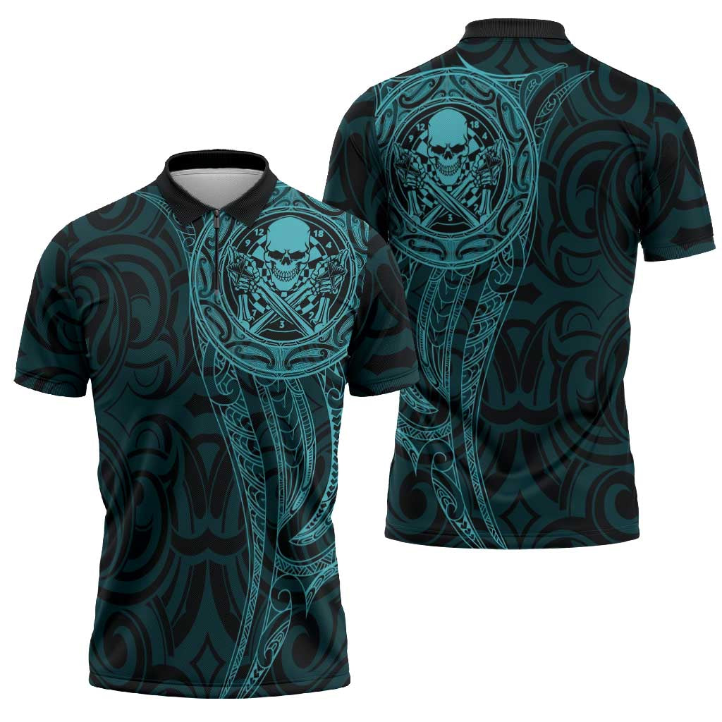 New Zealand Skull Darts Zipper Polo Shirt Aotearoa Maori Chest Tattoo Stylized Teal - Polynesian Pride