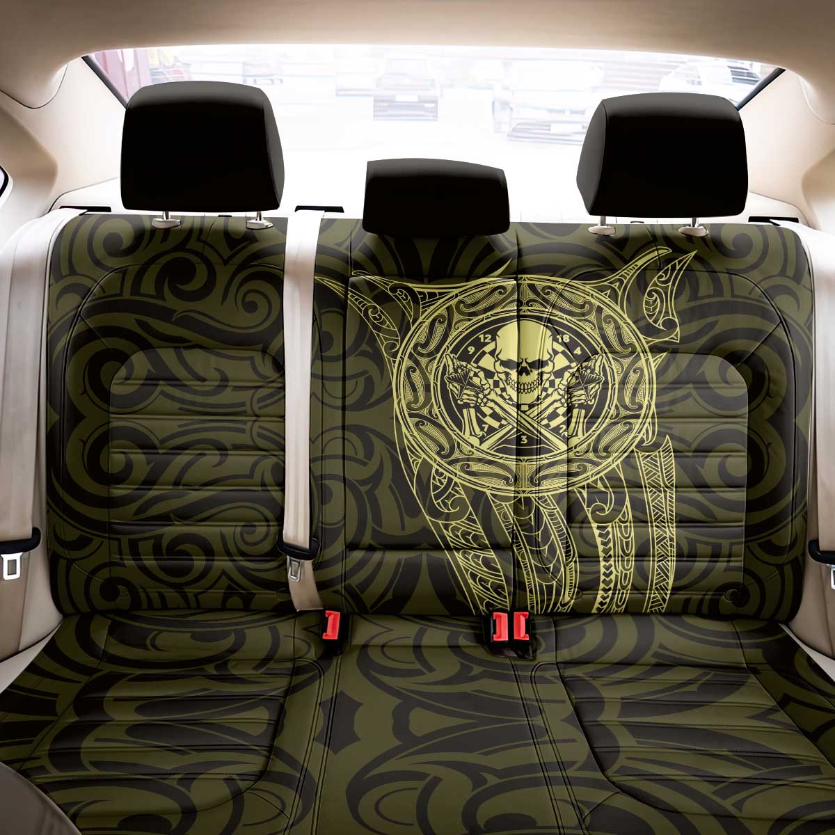 New Zealand Skull Darts Back Car Seat Cover Aotearoa Maori Chest Tattoo Stylized Gold - Polynesian Pride