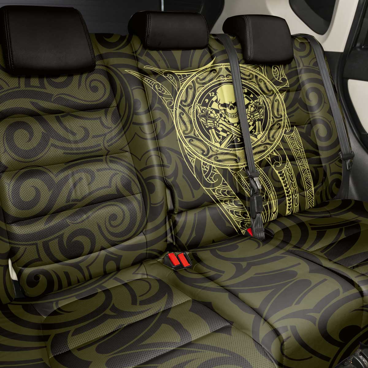 New Zealand Skull Darts Back Car Seat Cover Aotearoa Maori Chest Tattoo Stylized Gold - Polynesian Pride