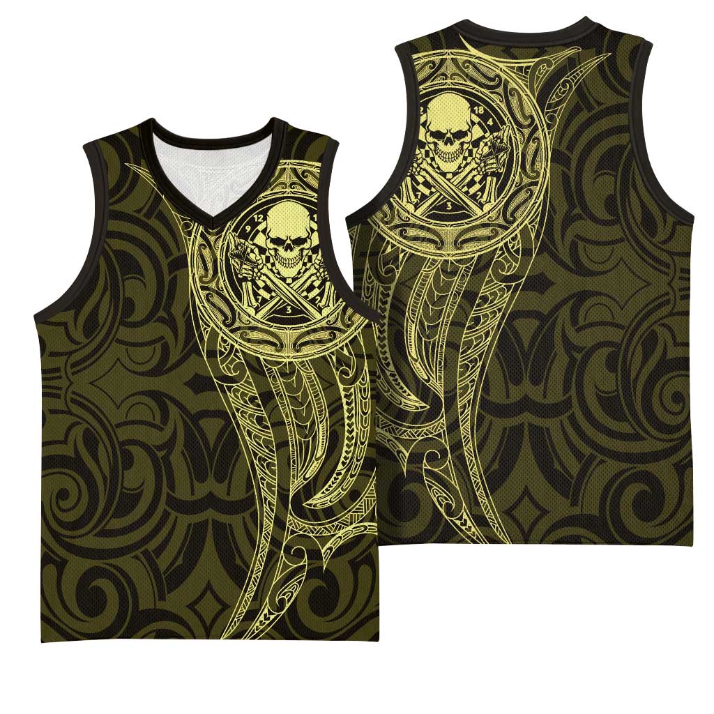 New Zealand Skull Darts Basketball Jersey Aotearoa Maori Chest Tattoo Stylized Gold - Polynesian Pride