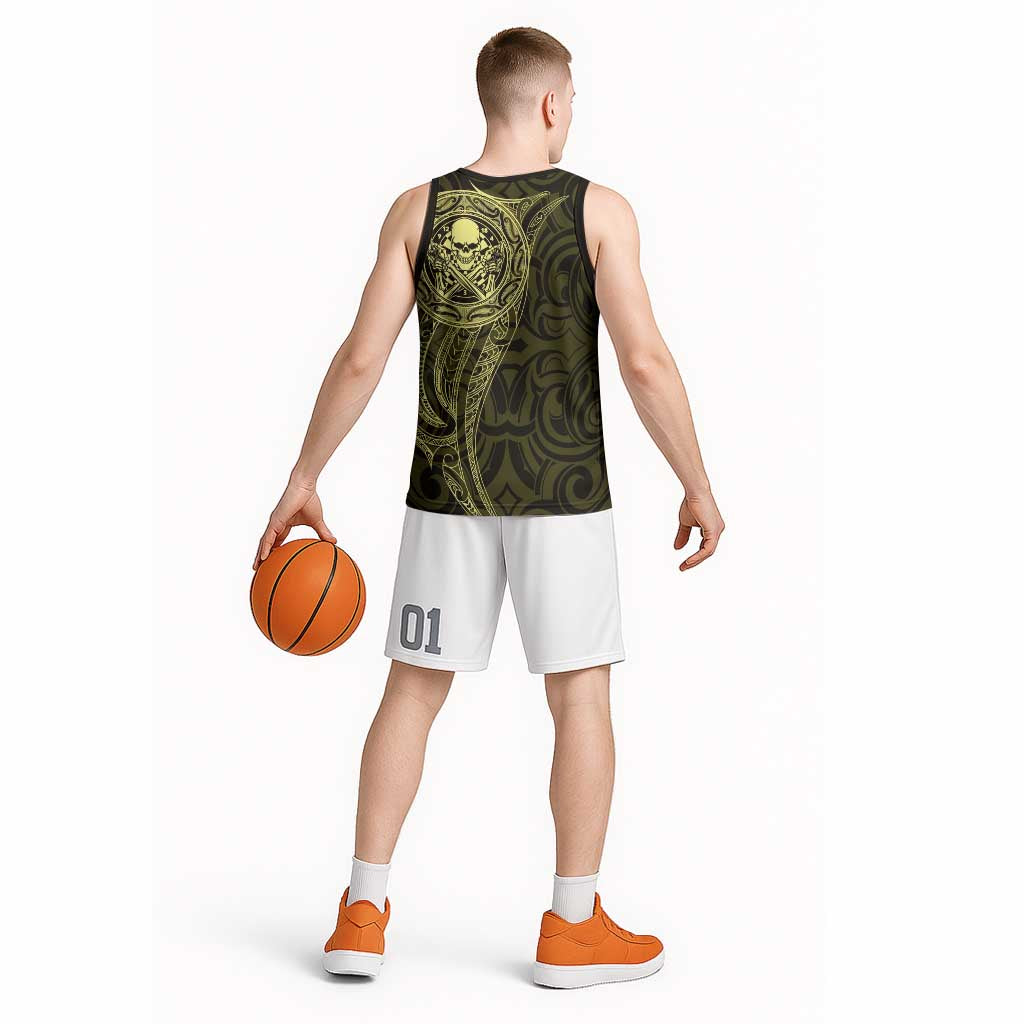 New Zealand Skull Darts Basketball Jersey Aotearoa Maori Chest Tattoo Stylized Gold - Polynesian Pride