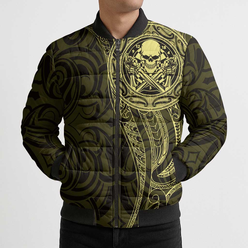 New Zealand Skull Darts Bomber Puffer Jacket Aotearoa Maori Chest Tattoo Stylized Gold - Polynesian Pride