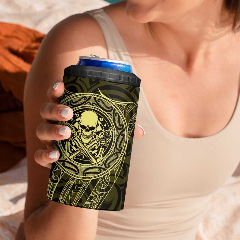 New Zealand Skull Darts 4 in 1 Can Cooler Tumbler Aotearoa Maori Chest Tattoo Stylized Gold - Polynesian Pride