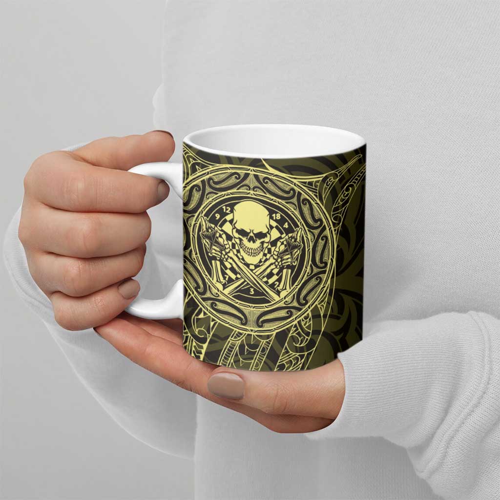 New Zealand Skull Darts Ceramic Mug Aotearoa Maori Chest Tattoo Stylized Gold - Polynesian Pride