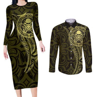 New Zealand Skull Darts Couples Matching Long Sleeve Bodycon Dress and Long Sleeve Button Shirt Aotearoa Maori Chest Tattoo Stylized Gold - Polynesian Pride