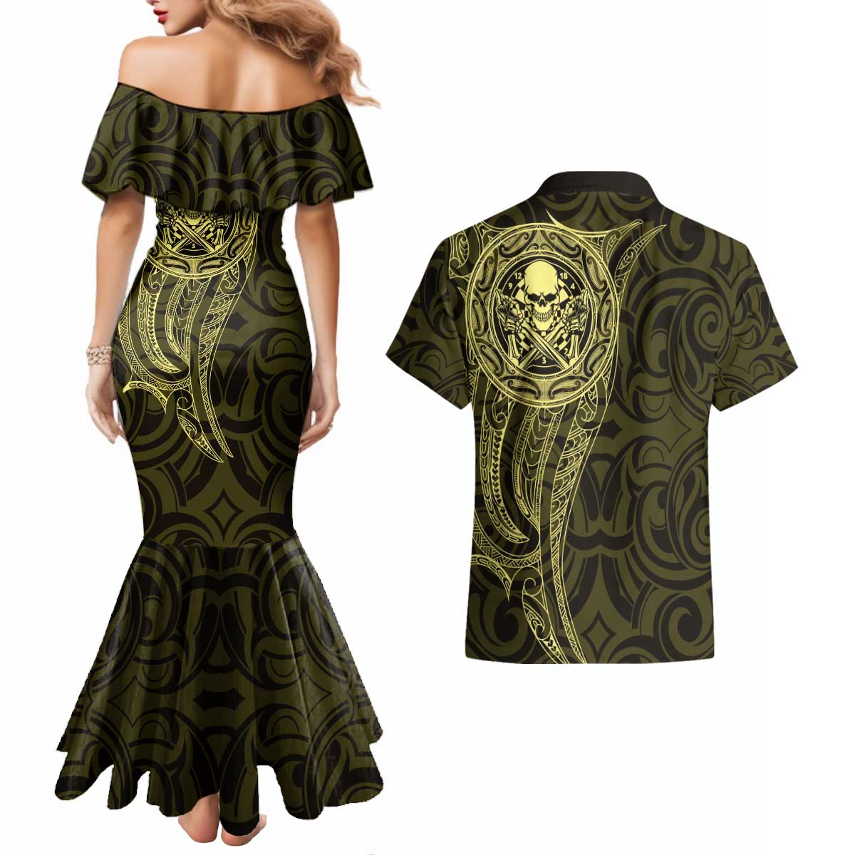 New Zealand Skull Darts Couples Matching Mermaid Dress and Hawaiian Shirt Aotearoa Maori Chest Tattoo Stylized Gold - Polynesian Pride