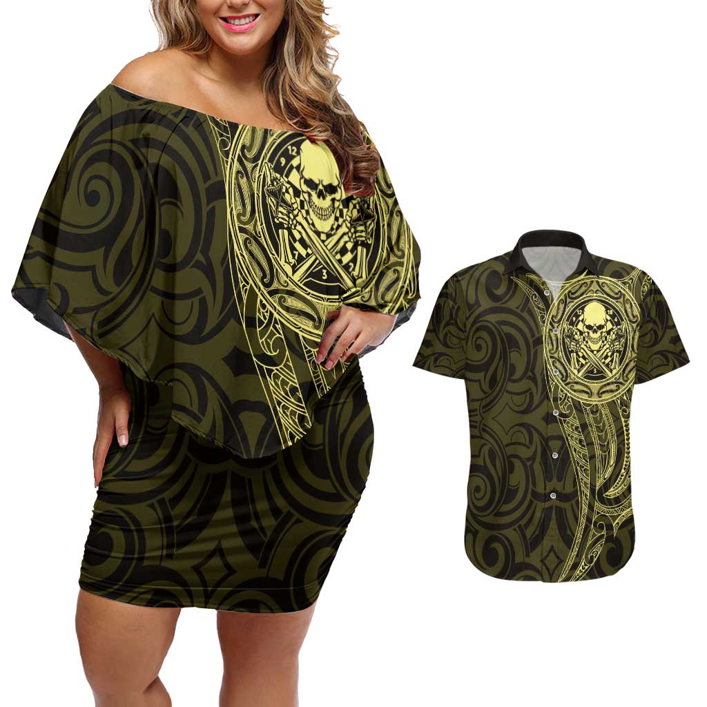 New Zealand Skull Darts Couples Matching Off Shoulder Short Dress and Hawaiian Shirt Aotearoa Maori Chest Tattoo Stylized Gold - Polynesian Pride