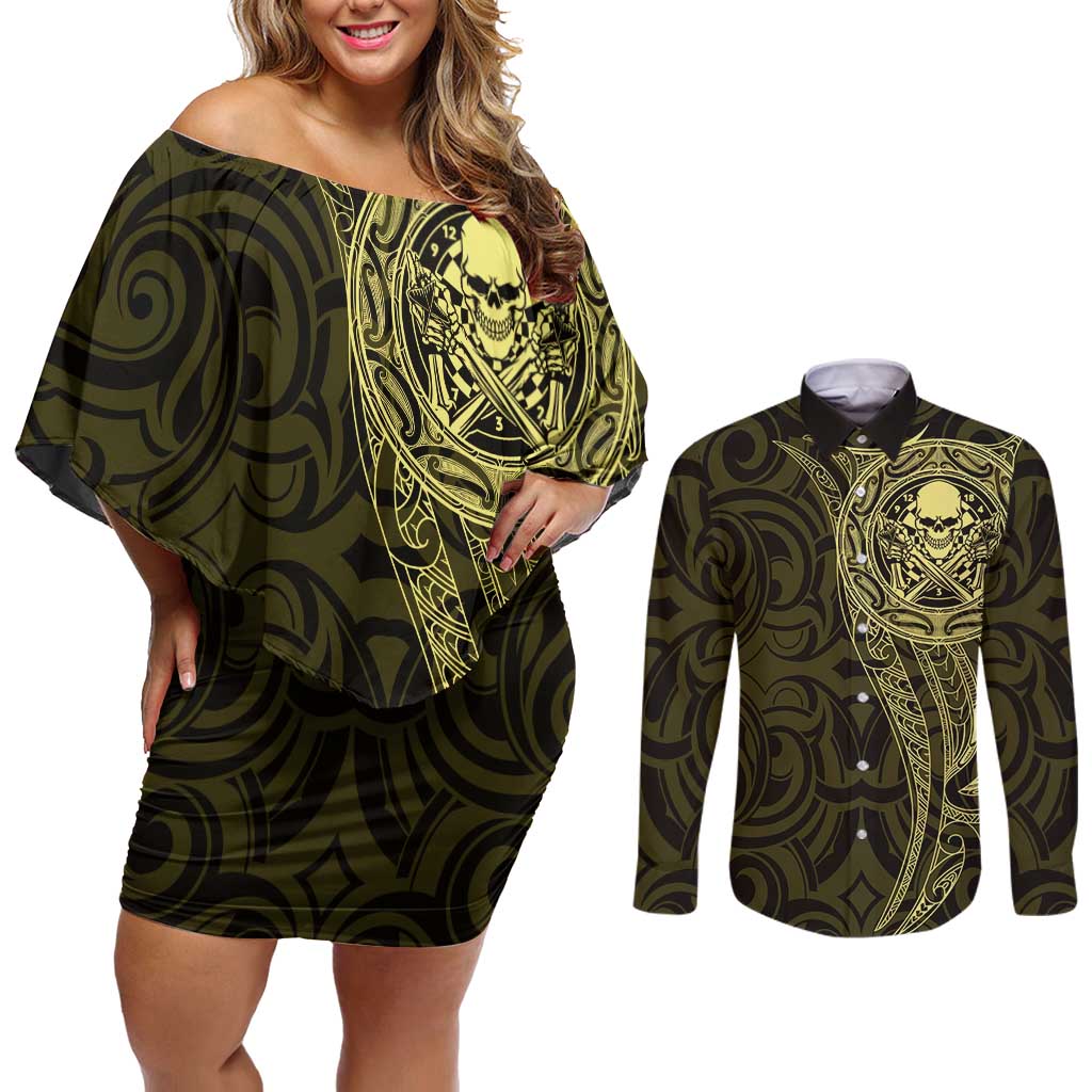 New Zealand Skull Darts Couples Matching Off Shoulder Short Dress and Long Sleeve Button Shirt Aotearoa Maori Chest Tattoo Stylized Gold - Polynesian Pride