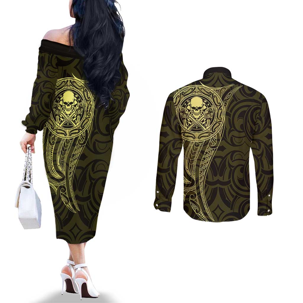 New Zealand Skull Darts Couples Matching Off The Shoulder Long Sleeve Dress and Long Sleeve Button Shirt Aotearoa Maori Chest Tattoo Stylized Gold - Polynesian Pride