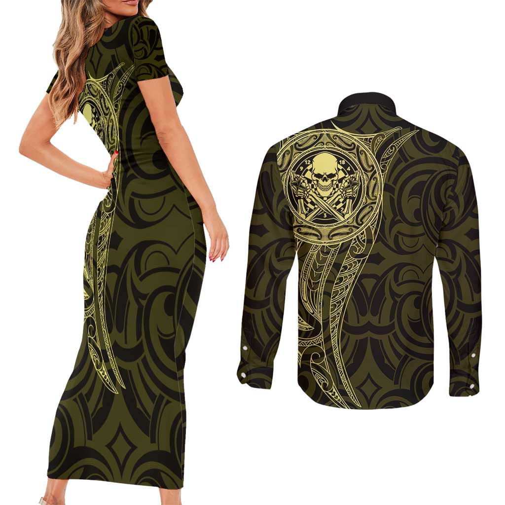 New Zealand Skull Darts Couples Matching Short Sleeve Bodycon Dress and Long Sleeve Button Shirt Aotearoa Maori Chest Tattoo Stylized Gold - Polynesian Pride