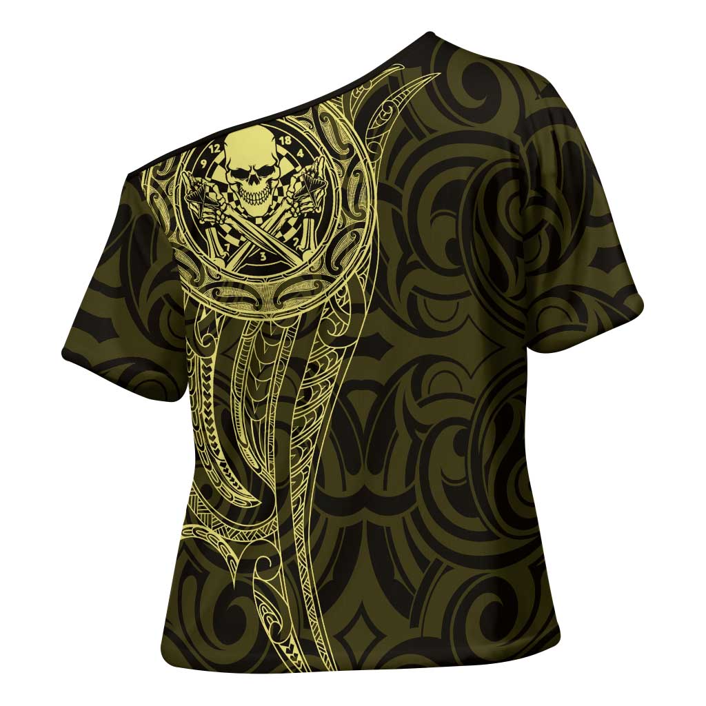 New Zealand Skull Darts Cross Shoulder Shirt Aotearoa Maori Chest Tattoo Stylized Gold - Polynesian Pride