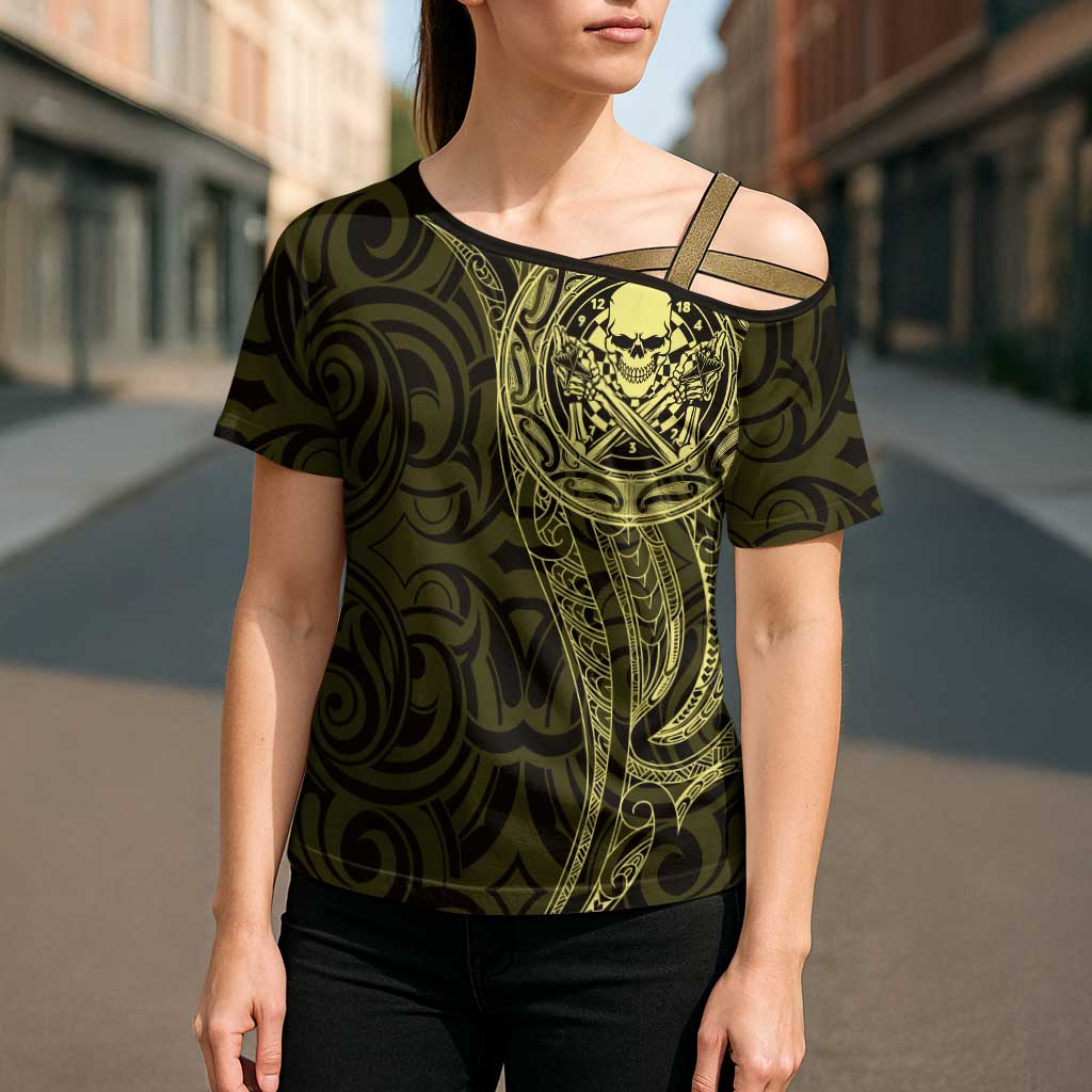 New Zealand Skull Darts Cross Shoulder Shirt Aotearoa Maori Chest Tattoo Stylized Gold - Polynesian Pride