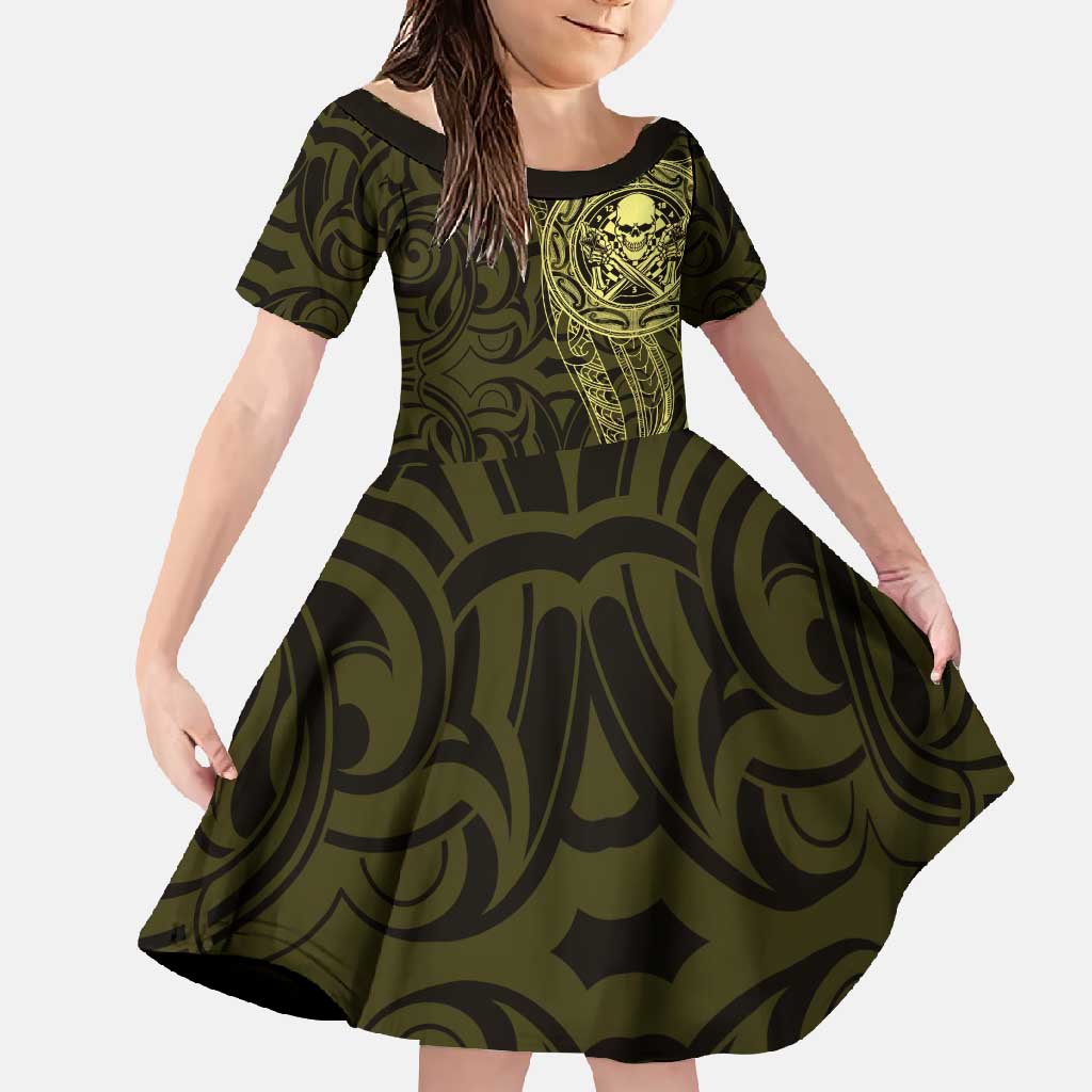 New Zealand Skull Darts Family Matching Long Sleeve Bodycon Dress and Hawaiian Shirt Aotearoa Maori Chest Tattoo Stylized Gold - Polynesian Pride